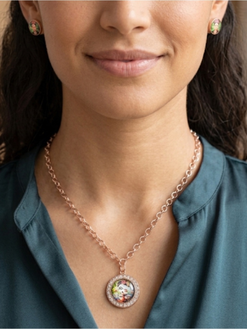 Gold-Tone Floral Portrait Pendant Necklace and Stud Earrings